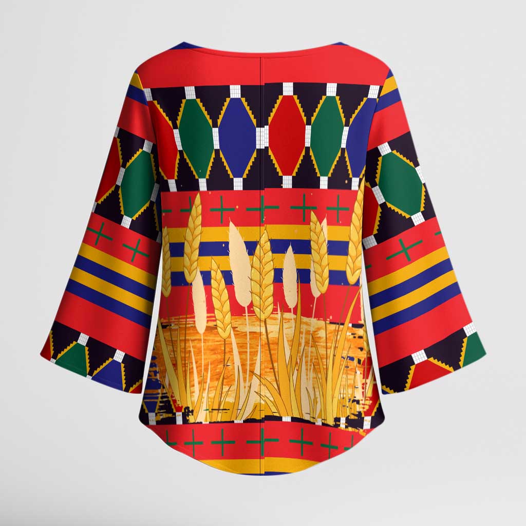 Burkina Faso Kimono Sleeve Blouse with Red Green Blue Geometric - Wonder Print Shop