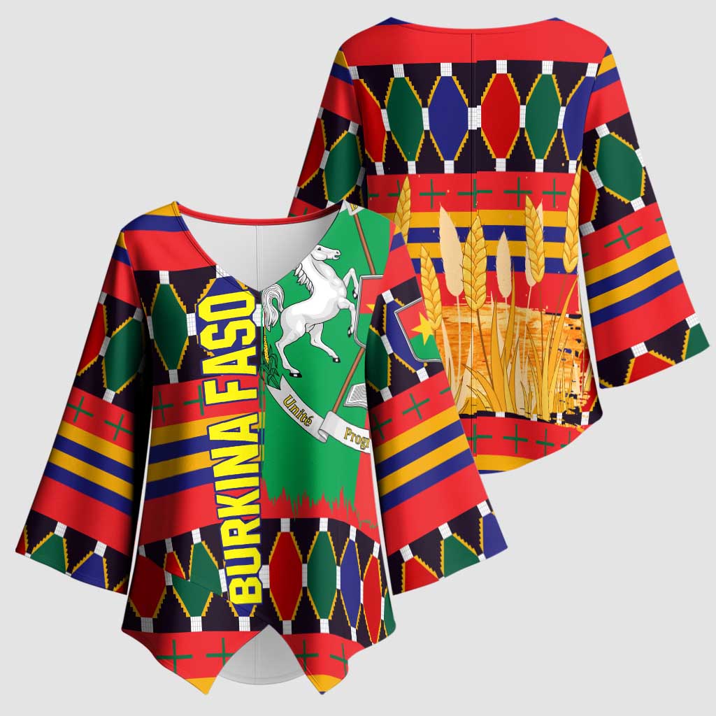 Burkina Faso Kimono Sleeve Blouse with Red Green Blue Geometric - Wonder Print Shop