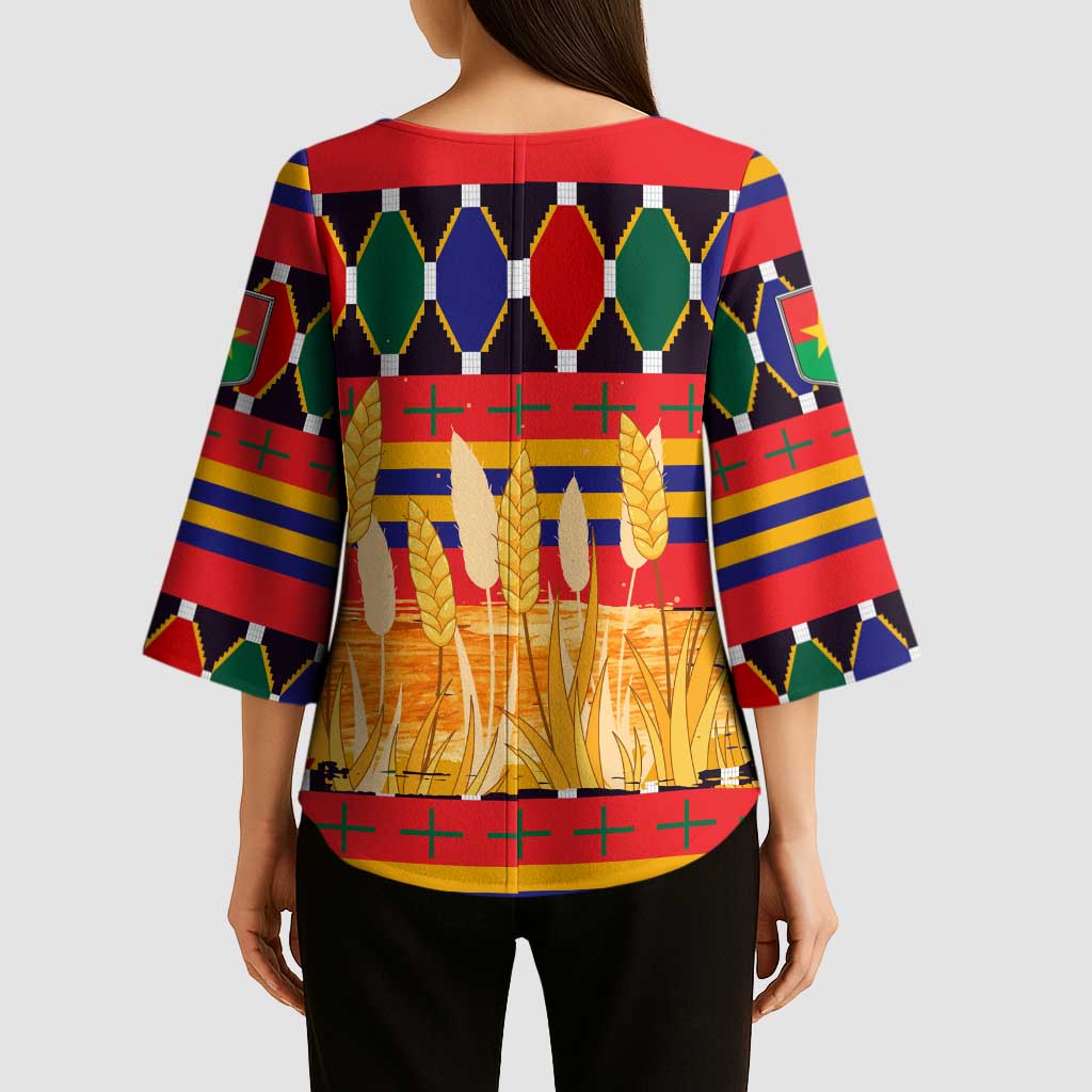 Burkina Faso Kimono Sleeve Blouse with Red Green Blue Geometric - Wonder Print Shop