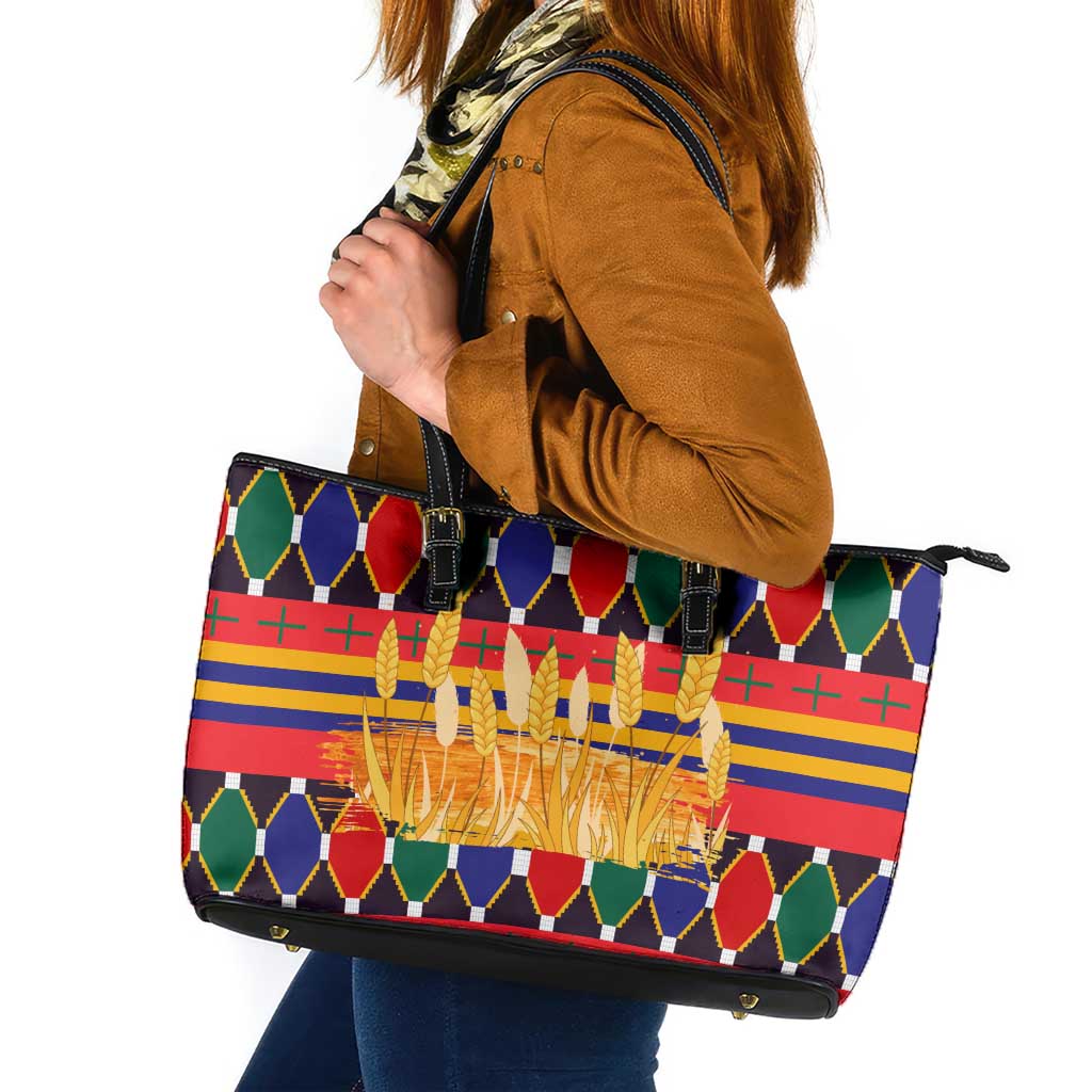 Burkina Faso Leather Tote Bag with Red Green Blue Geometric - Wonder Print Shop