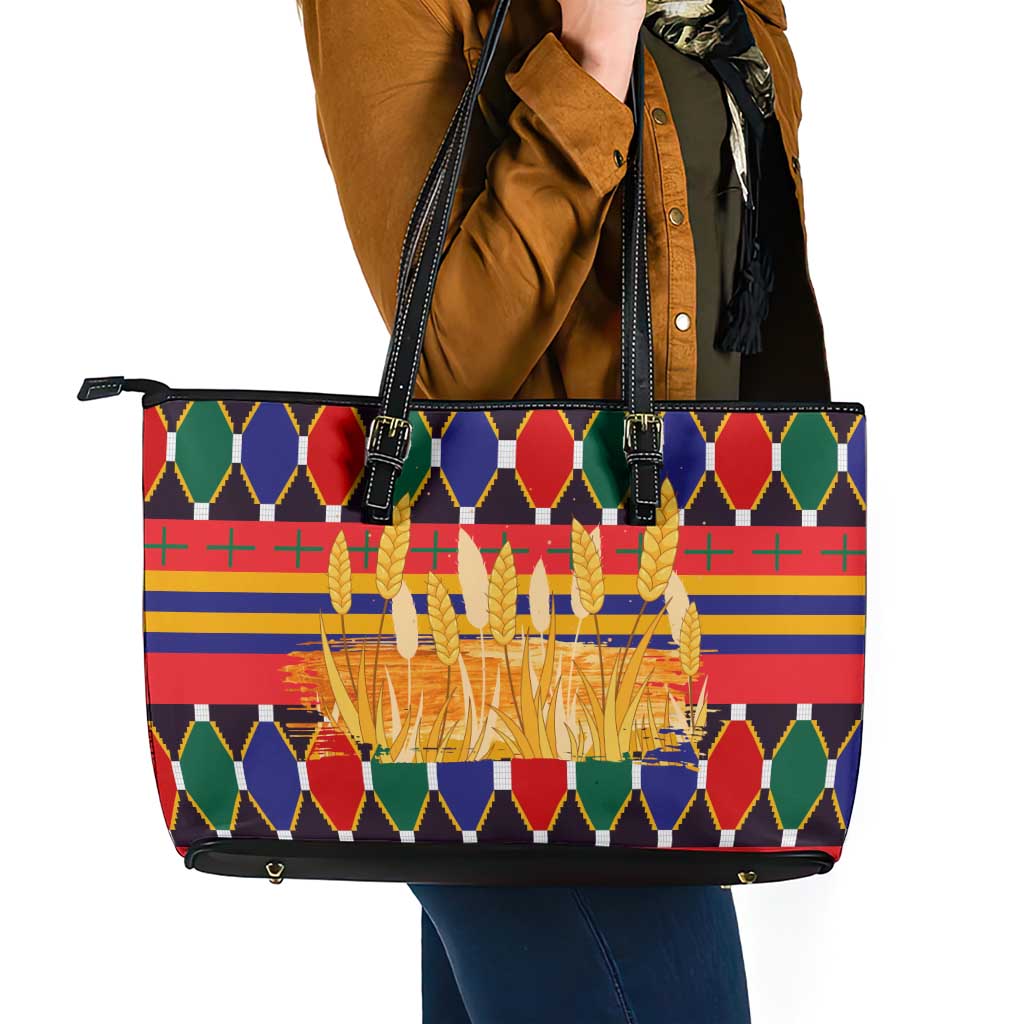 Burkina Faso Leather Tote Bag with Red Green Blue Geometric - Wonder Print Shop