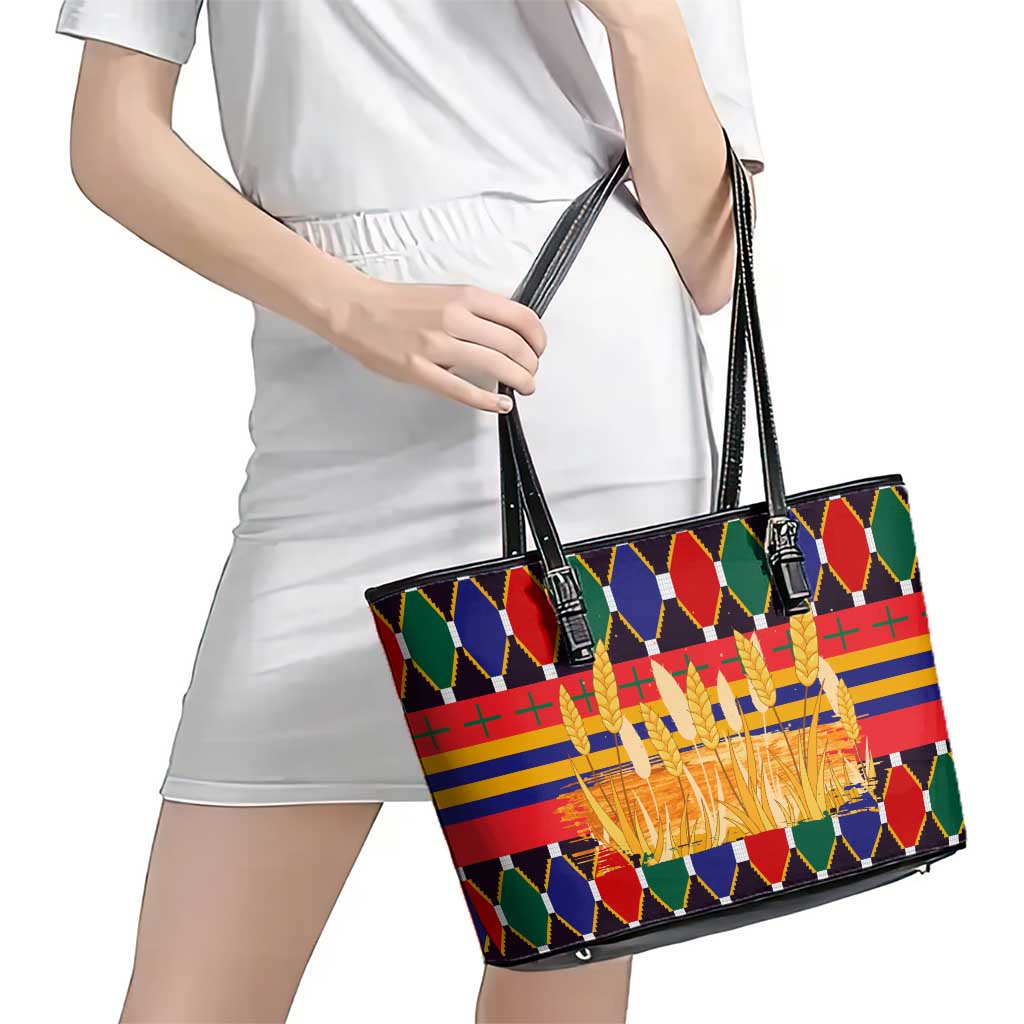 Burkina Faso Leather Tote Bag with Red Green Blue Geometric - Wonder Print Shop