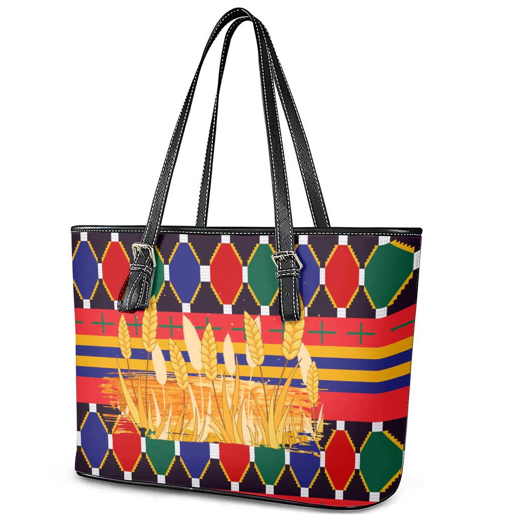 Burkina Faso Leather Tote Bag with Red Green Blue Geometric - Wonder Print Shop