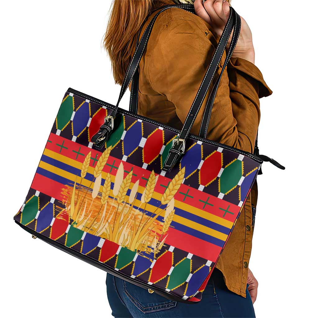 Burkina Faso Leather Tote Bag with Red Green Blue Geometric - Wonder Print Shop