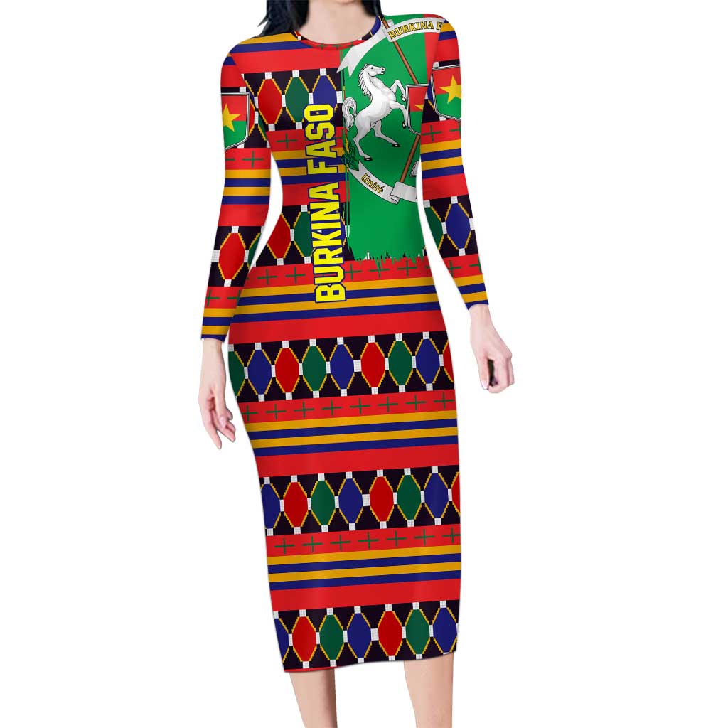 Burkina Faso Long Sleeve Bodycon Dress with Red Green Blue Geometric - Wonder Print Shop