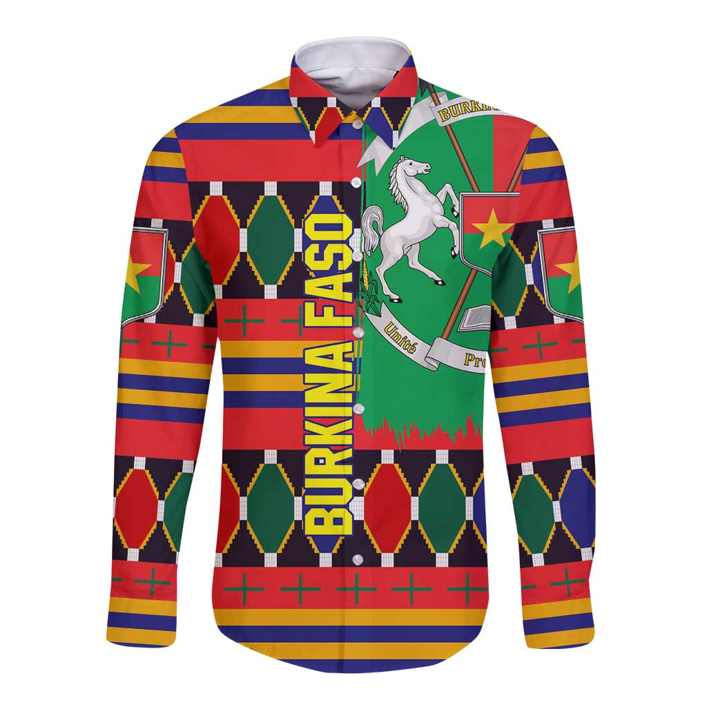 Burkina Faso Long Sleeve Button Shirt with Red Green Blue Geometric - Wonder Print Shop