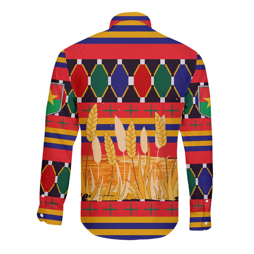 Burkina Faso Long Sleeve Button Shirt with Red Green Blue Geometric - Wonder Print Shop