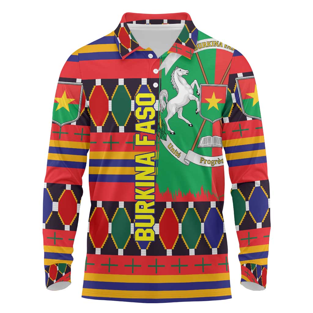 Burkina Faso Long Sleeve Polo Shirt with Red Green Blue Geometric - Wonder Print Shop