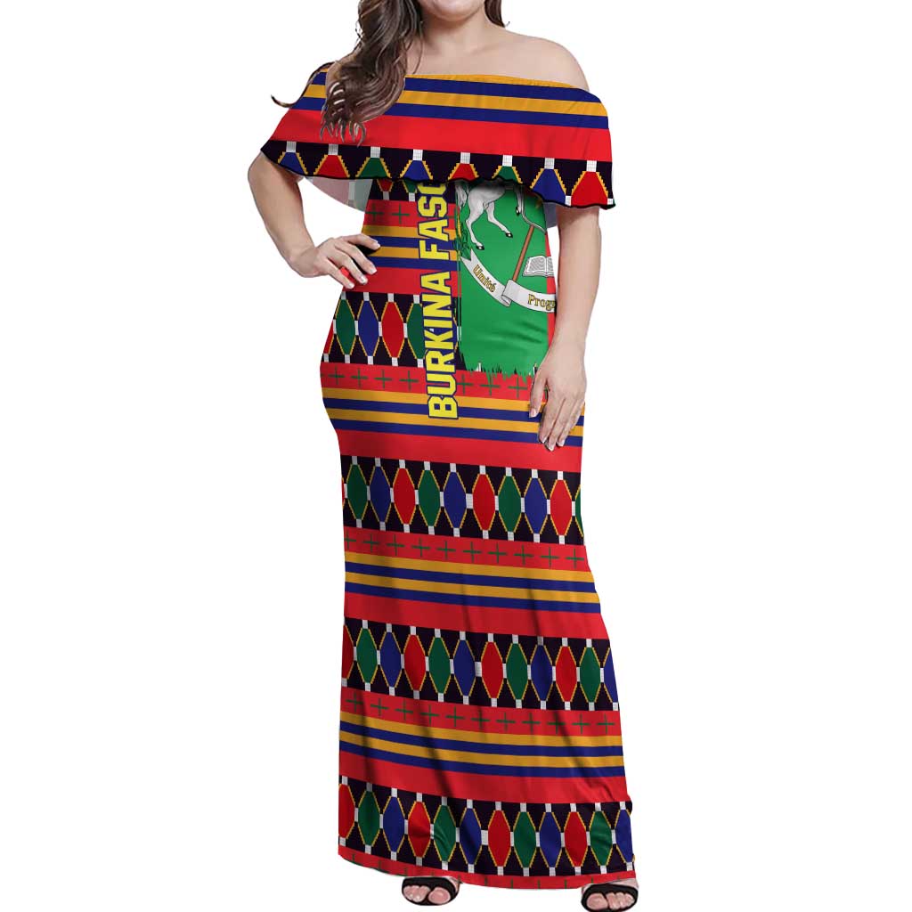 Burkina Faso Off Shoulder Maxi Dress with Red Green Blue Geometric - Wonder Print Shop