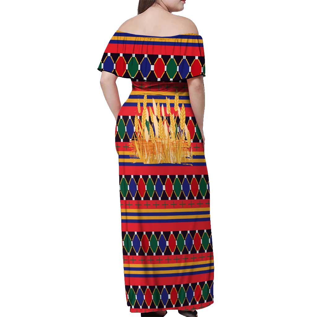 Burkina Faso Off Shoulder Maxi Dress with Red Green Blue Geometric - Wonder Print Shop