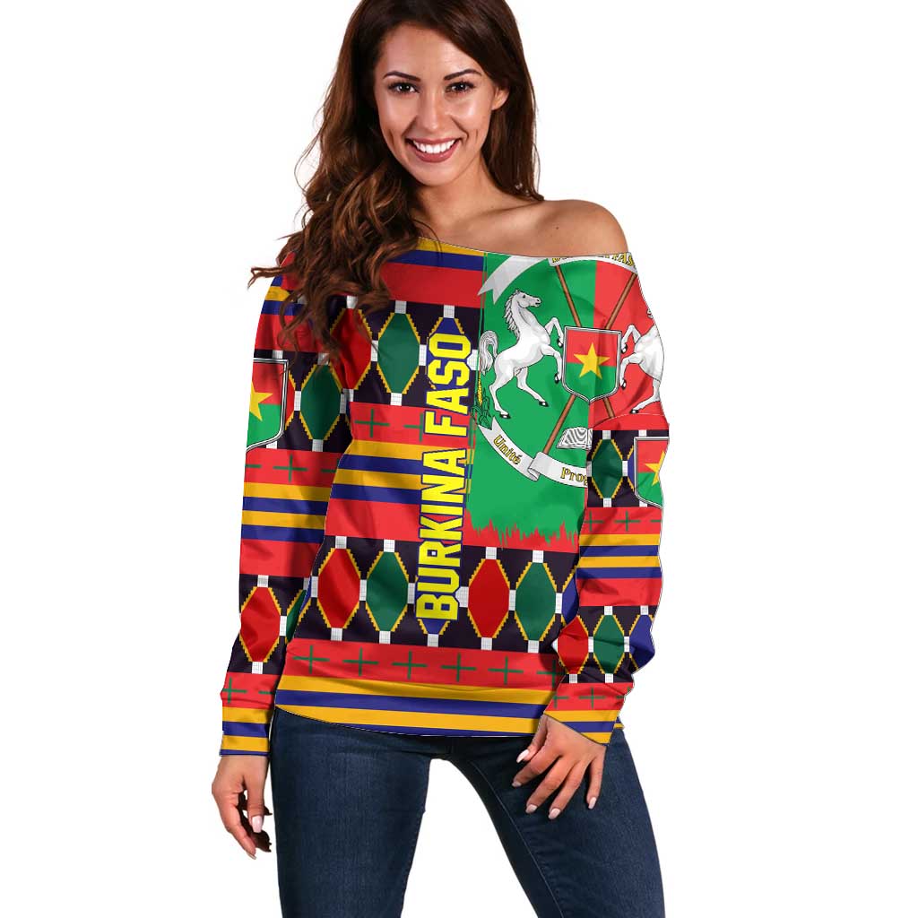 Burkina Faso Off Shoulder Sweater with Red Green Blue Geometric - Wonder Print Shop