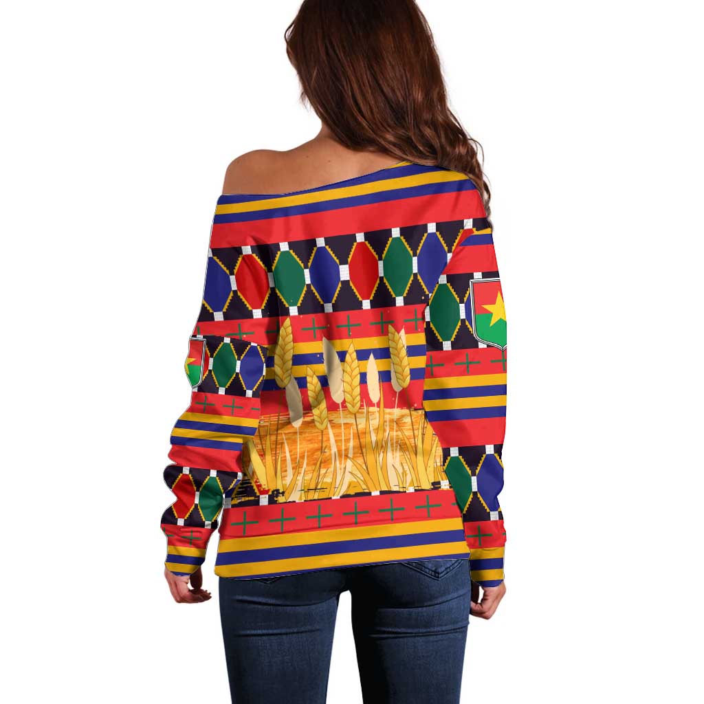 Burkina Faso Off Shoulder Sweater with Red Green Blue Geometric - Wonder Print Shop