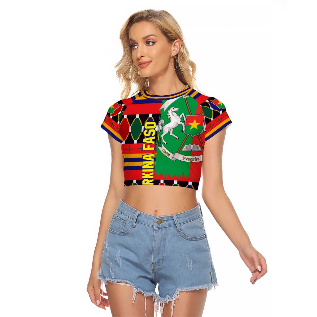 Burkina Faso Raglan Cropped T Shirt with Red Green Blue Geometric - Wonder Print Shop