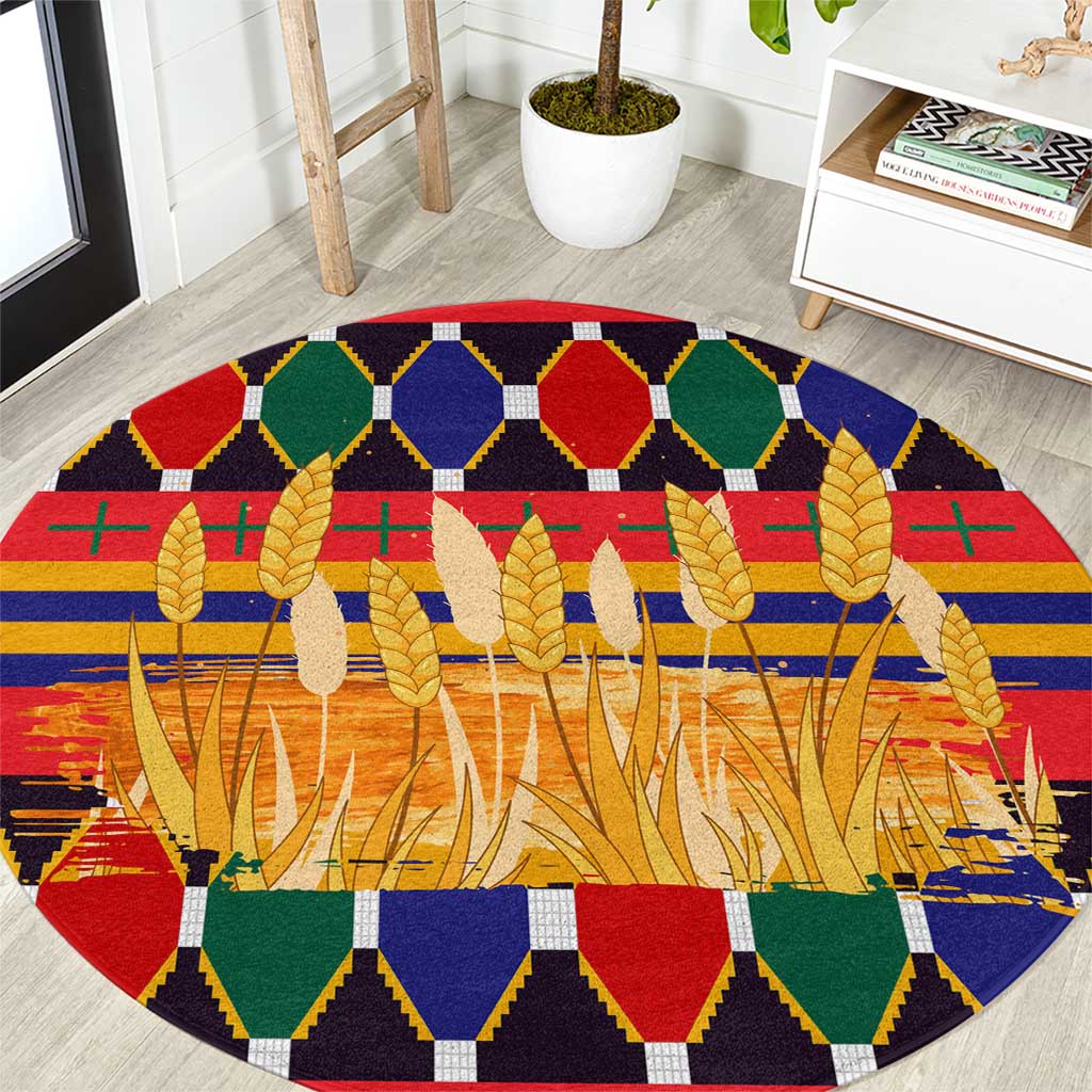 Burkina Faso Round Carpet with Red Green Blue Geometric - Wonder Print Shop