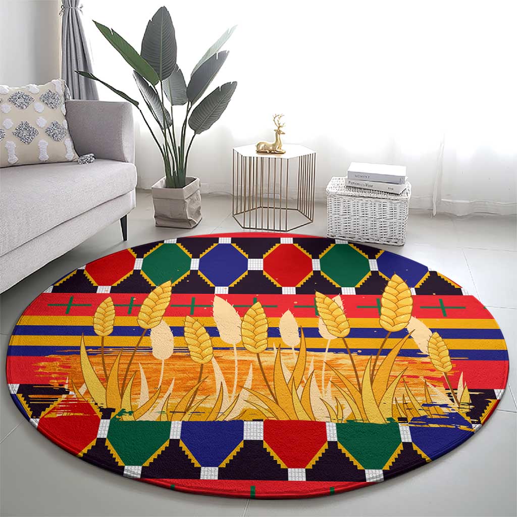 Burkina Faso Round Carpet with Red Green Blue Geometric - Wonder Print Shop