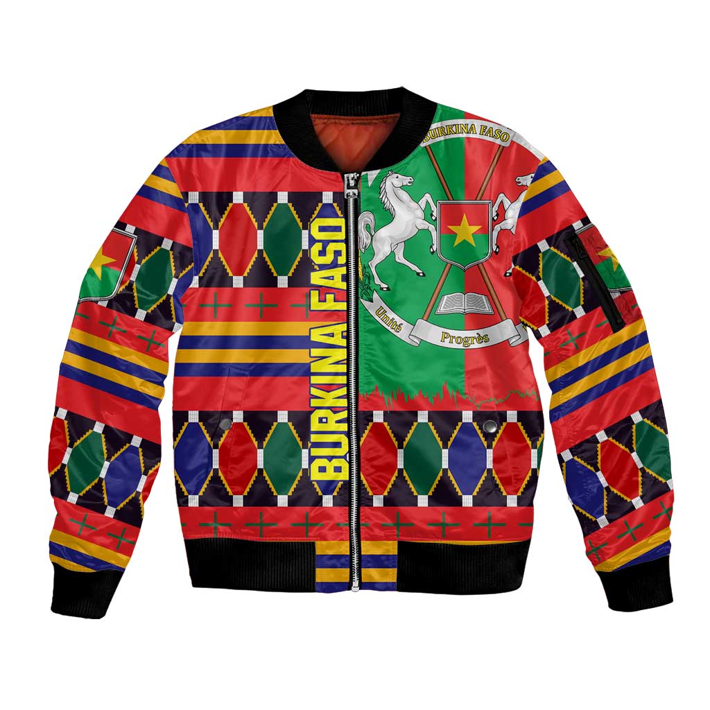 Burkina Faso Sleeve Zip Bomber Jacket with Red Green Blue Geometric - Wonder Print Shop