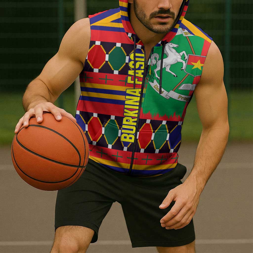 Burkina Faso Sleeveless Zip Hoodie with Red Green Blue Geometric - Wonder Print Shop