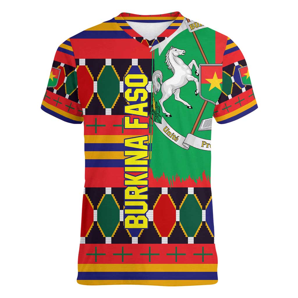 Burkina Faso Women V-Neck T-Shirt with Red Green Blue Geometric - Wonder Print Shop