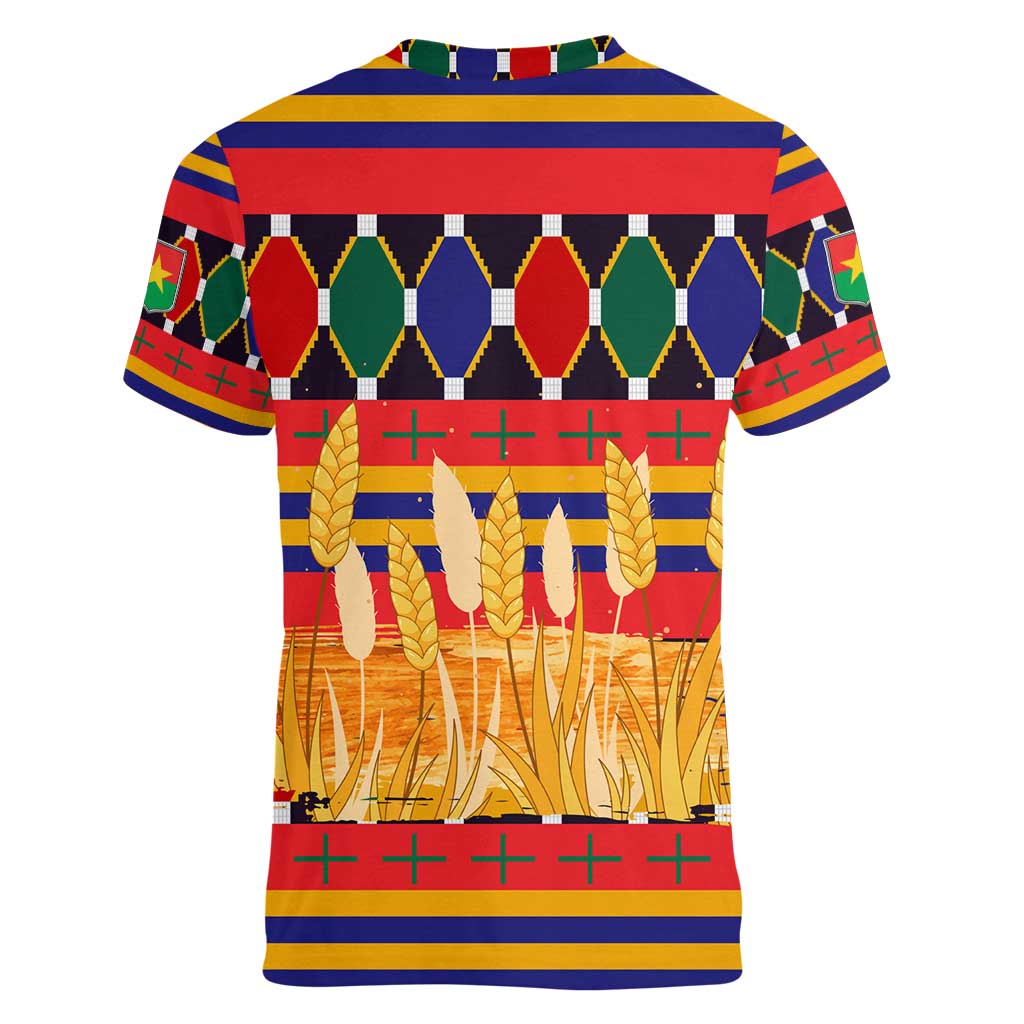 Burkina Faso Women V-Neck T-Shirt with Red Green Blue Geometric - Wonder Print Shop