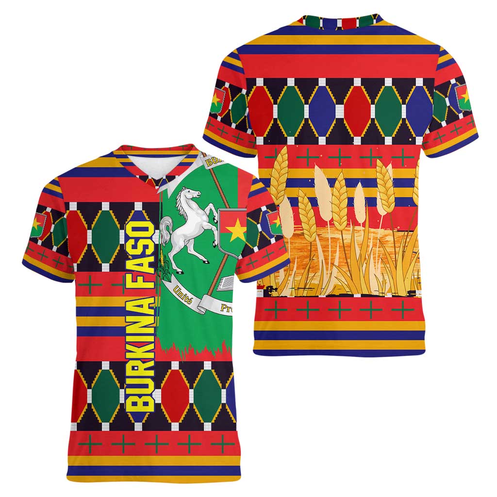 Burkina Faso Women V-Neck T-Shirt with Red Green Blue Geometric - Wonder Print Shop