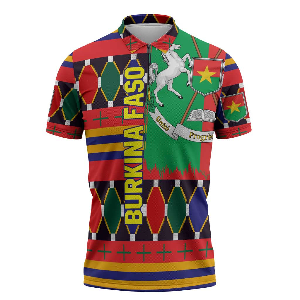 Burkina Faso Zipper Polo Shirt with Red Green Blue Geometric - Wonder Print Shop