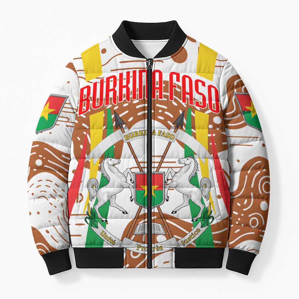 Burkina Faso Bomber Puffer Jacket with Brown White Yellow Abstract Design - Wonder Print Shop