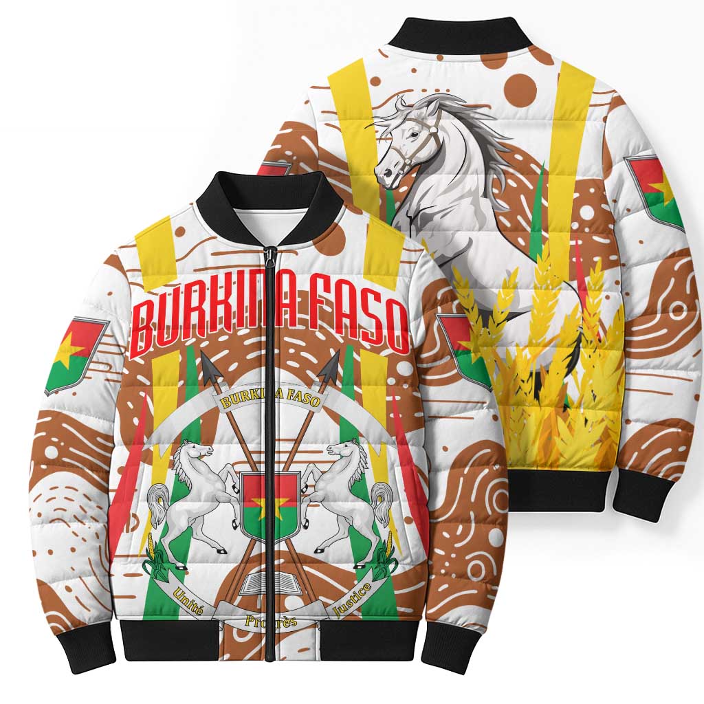 Burkina Faso Bomber Puffer Jacket with Brown White Yellow Abstract Design - Wonder Print Shop