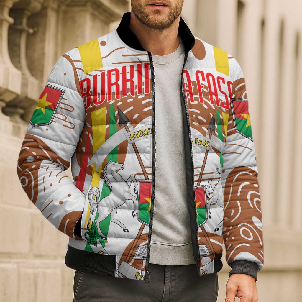 Burkina Faso Bomber Puffer Jacket with Brown White Yellow Abstract Design - Wonder Print Shop