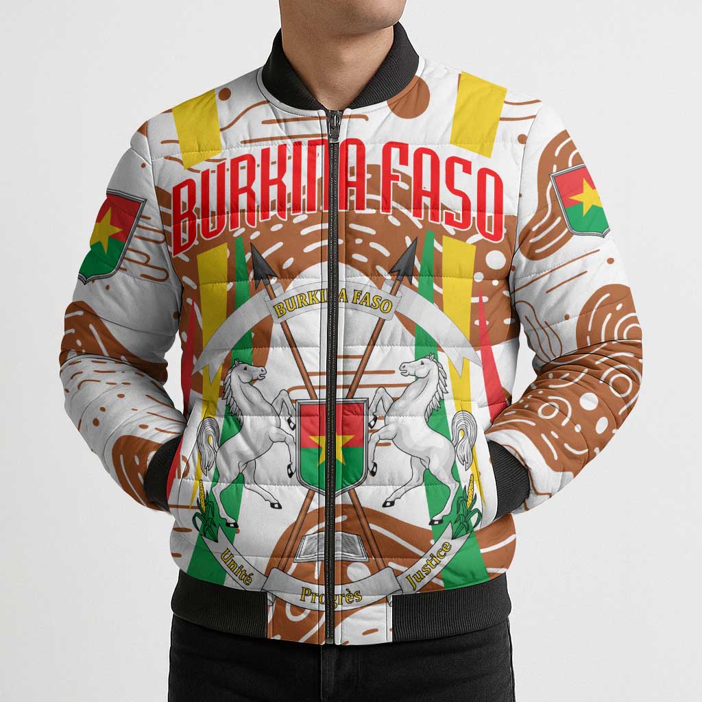 Burkina Faso Bomber Puffer Jacket with Brown White Yellow Abstract Design - Wonder Print Shop