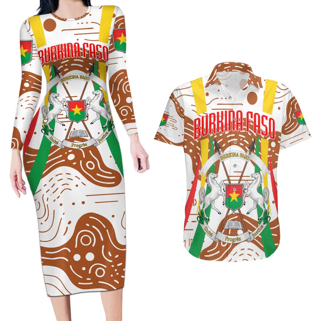 Burkina Faso Couples Matching Long Sleeve Bodycon Dress and Hawaiian Shirt with Brown White Yellow Abstract Design - Wonder Print Shop