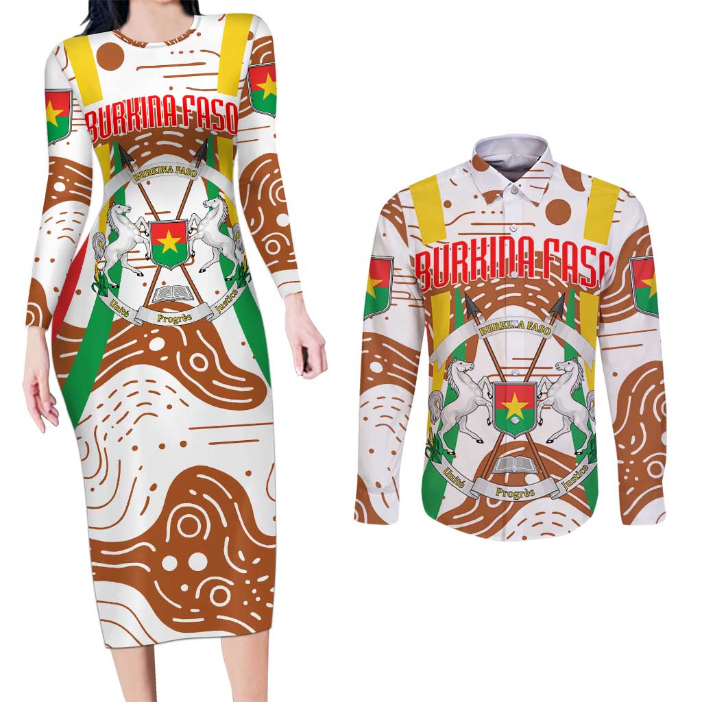 Burkina Faso Couples Matching Long Sleeve Bodycon Dress and Long Sleeve Button Shirt with Brown White Yellow Abstract Design - Wonder Print Shop