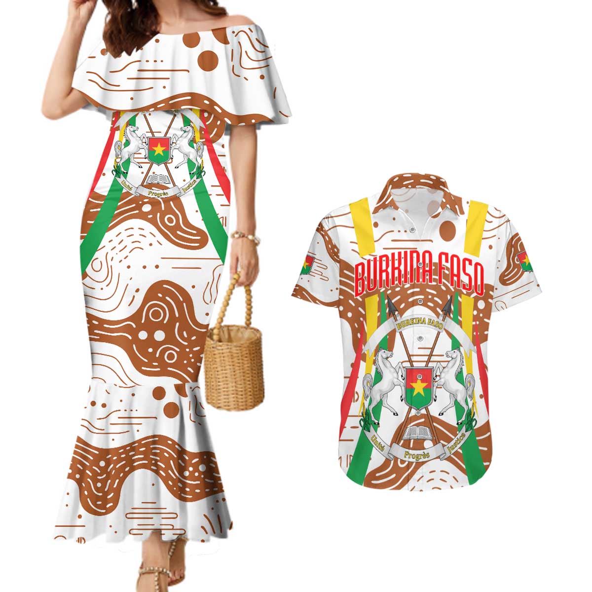 Burkina Faso Couples Matching Mermaid Dress and Hawaiian Shirt with Brown White Yellow Abstract Design - Wonder Print Shop