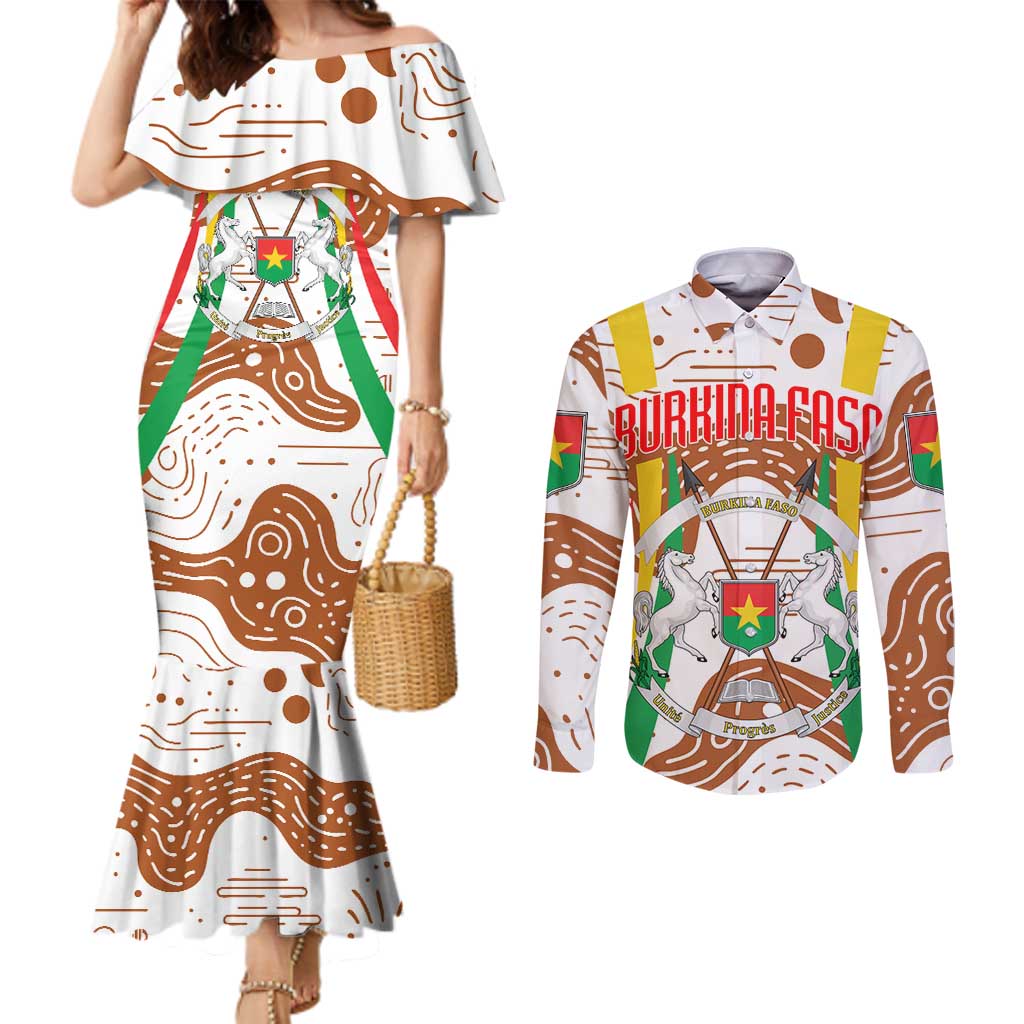 Burkina Faso Couples Matching Mermaid Dress and Long Sleeve Button Shirt with Brown White Yellow Abstract Design - Wonder Print Shop