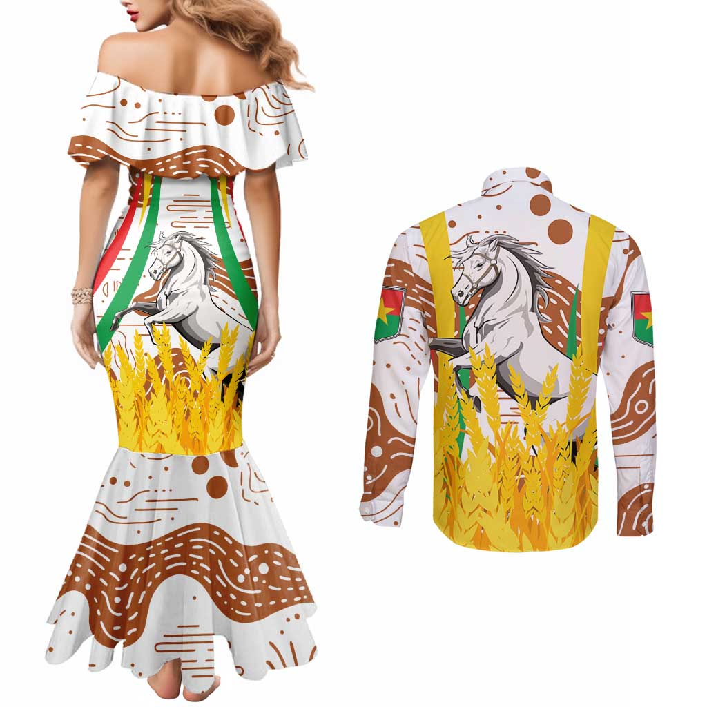 Burkina Faso Couples Matching Mermaid Dress and Long Sleeve Button Shirt with Brown White Yellow Abstract Design - Wonder Print Shop