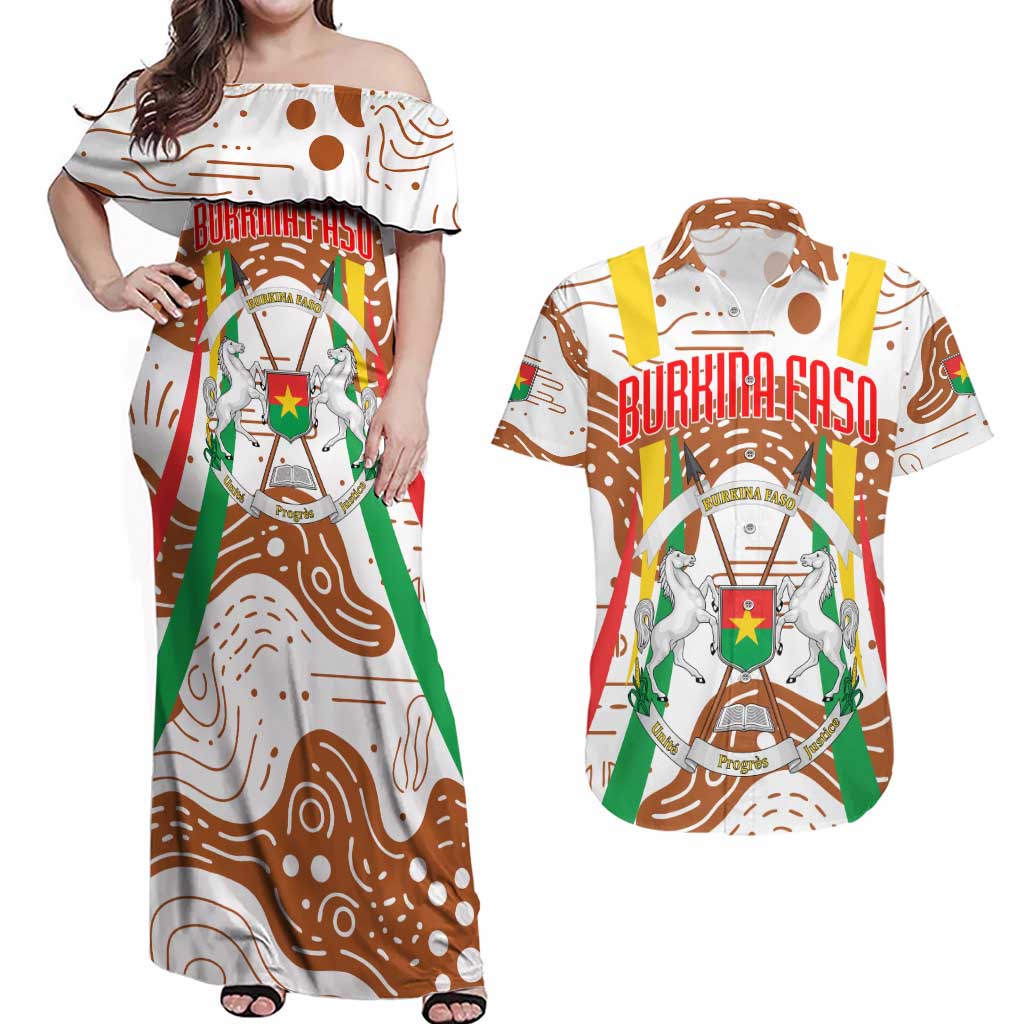 Burkina Faso Couples Matching Off Shoulder Maxi Dress and Hawaiian Shirt with Brown White Yellow Abstract Design - Wonder Print Shop