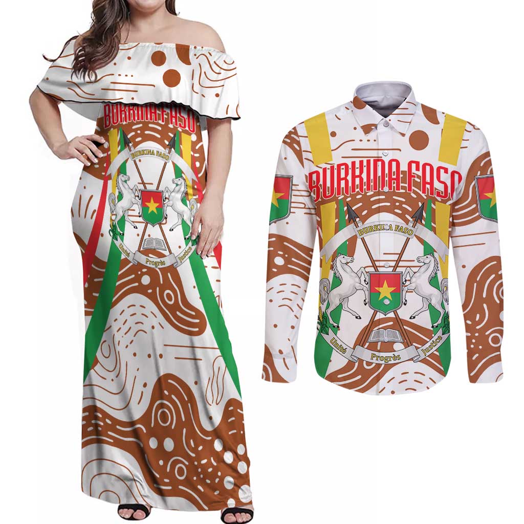 Burkina Faso Couples Matching Off Shoulder Maxi Dress and Long Sleeve Button Shirt with Brown White Yellow Abstract Design - Wonder Print Shop