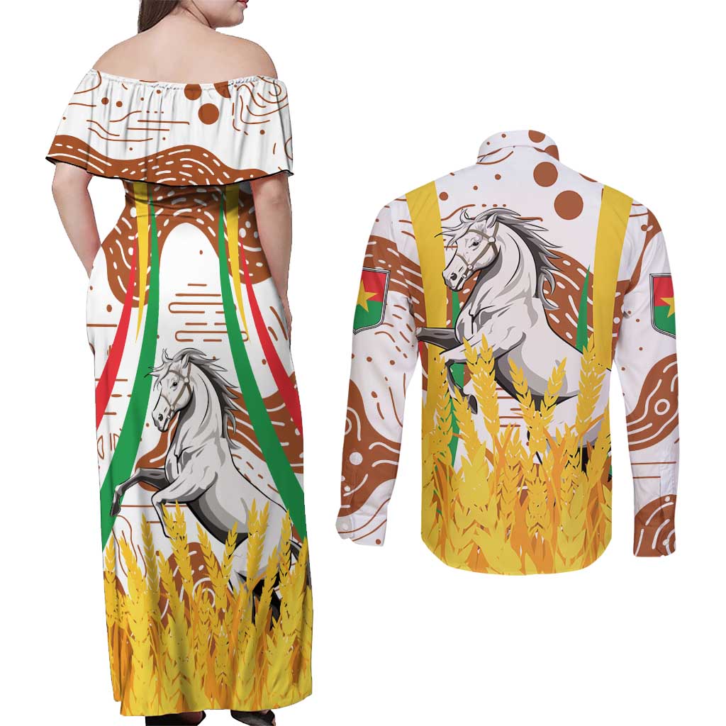 Burkina Faso Couples Matching Off Shoulder Maxi Dress and Long Sleeve Button Shirt with Brown White Yellow Abstract Design - Wonder Print Shop