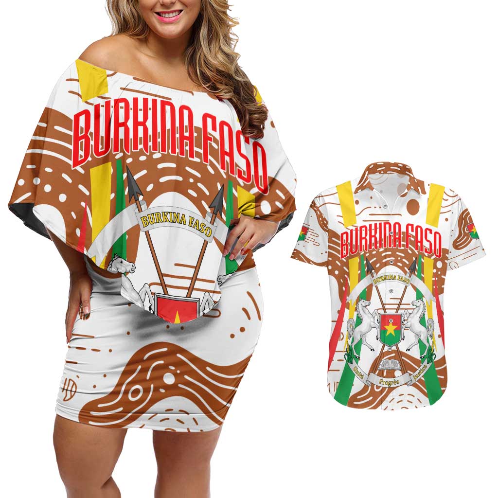 Burkina Faso Couples Matching Off Shoulder Short Dress and Hawaiian Shirt with Brown White Yellow Abstract Design - Wonder Print Shop