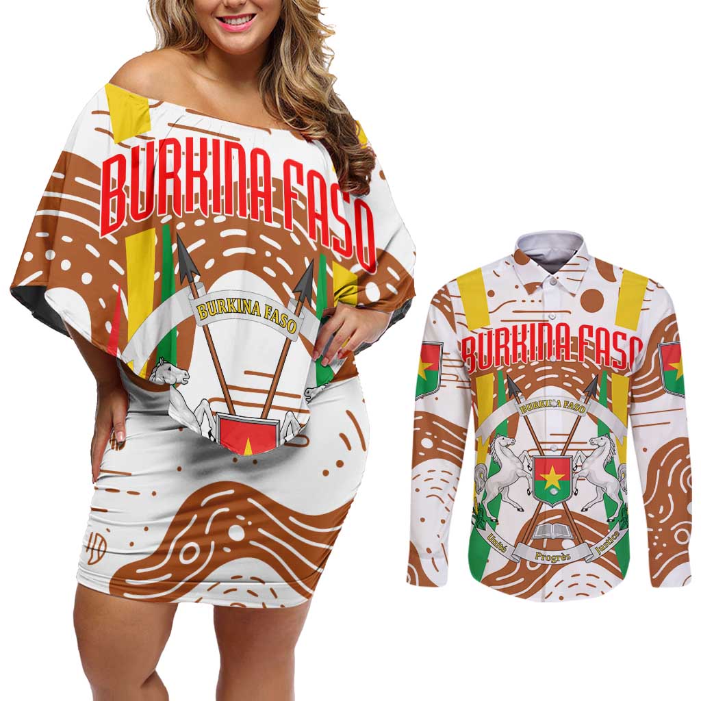 Burkina Faso Couples Matching Off Shoulder Short Dress and Long Sleeve Button Shirt with Brown White Yellow Abstract Design - Wonder Print Shop