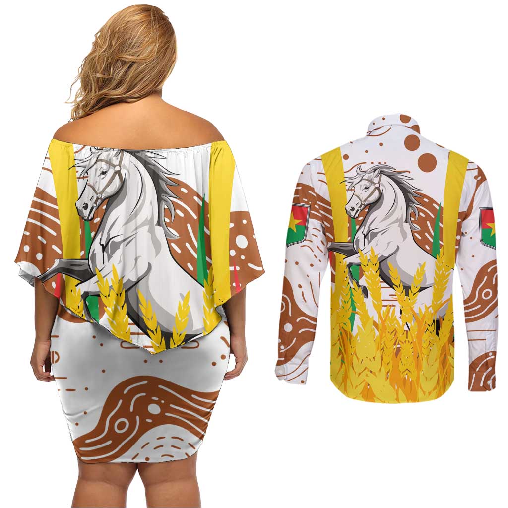 Burkina Faso Couples Matching Off Shoulder Short Dress and Long Sleeve Button Shirt with Brown White Yellow Abstract Design - Wonder Print Shop