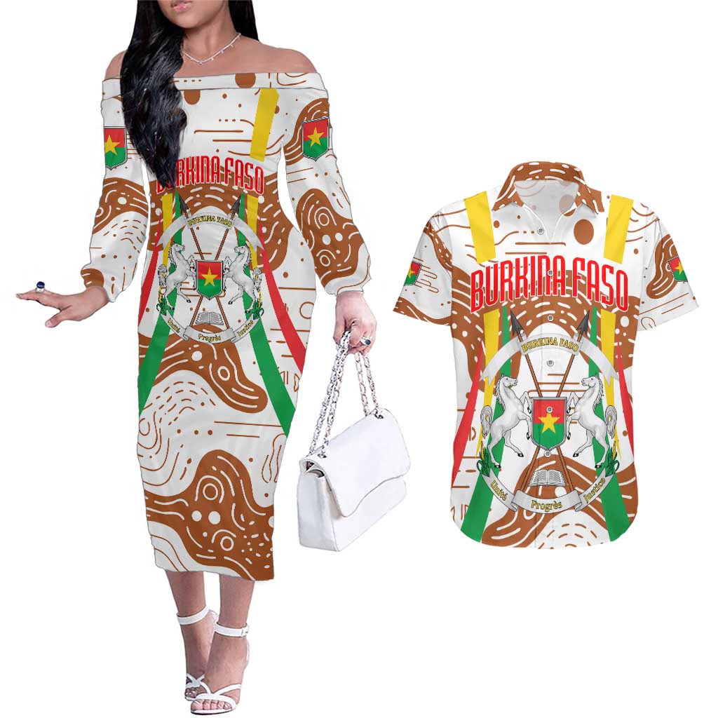 Burkina Faso Couples Matching Off The Shoulder Long Sleeve Dress and Hawaiian Shirt with Brown White Yellow Abstract Design - Wonder Print Shop