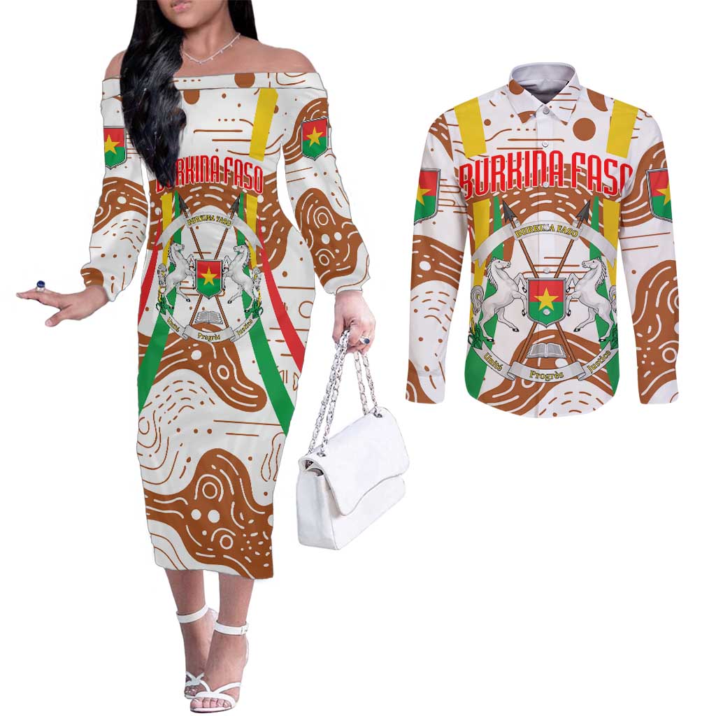 Burkina Faso Couples Matching Off The Shoulder Long Sleeve Dress and Long Sleeve Button Shirt with Brown White Yellow Abstract Design - Wonder Print Shop