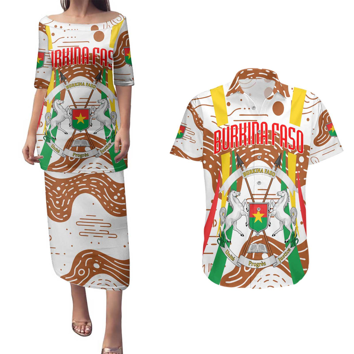 Burkina Faso Couples Matching Puletasi and Hawaiian Shirt with Brown White Yellow Abstract Design - Wonder Print Shop