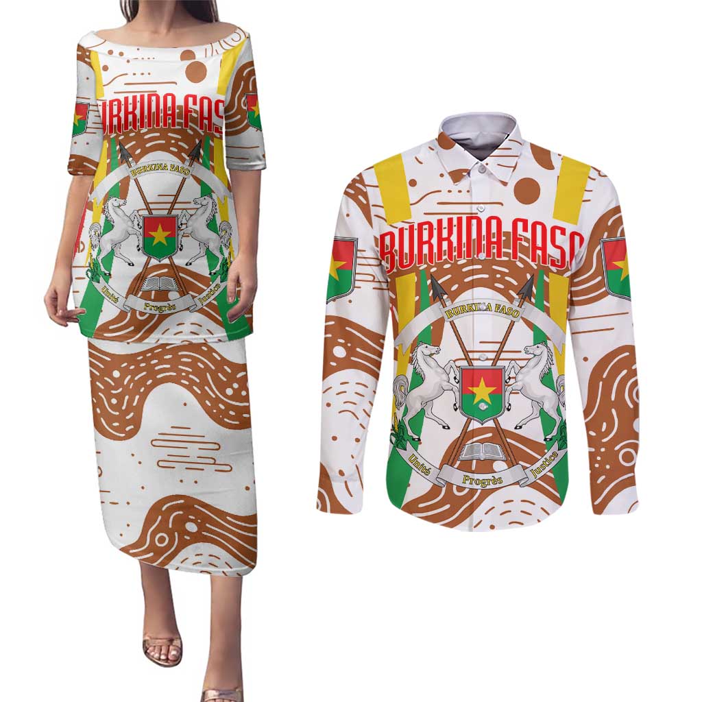Burkina Faso Couples Matching Puletasi and Long Sleeve Button Shirt with Brown White Yellow Abstract Design - Wonder Print Shop