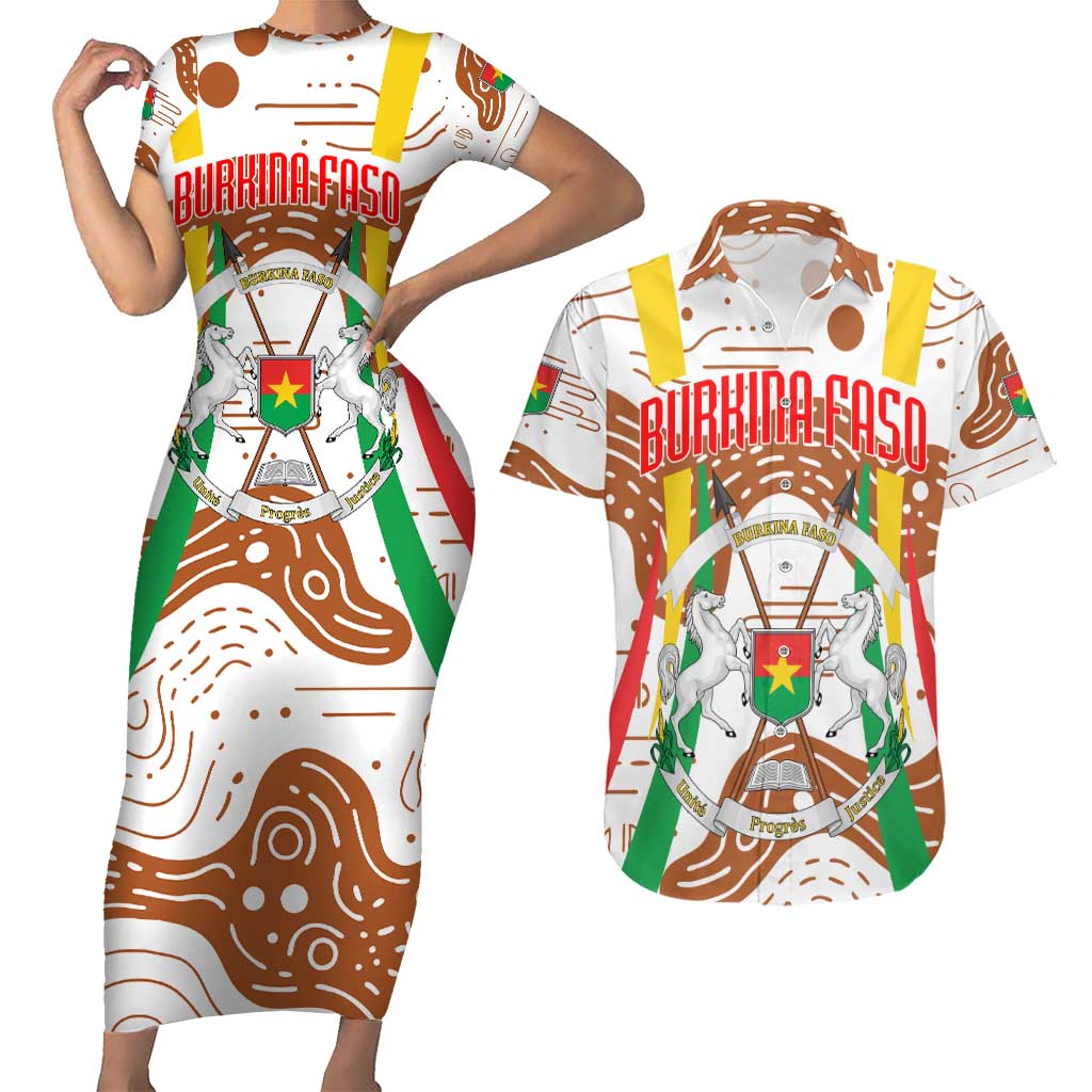 Burkina Faso Couples Matching Short Sleeve Bodycon Dress and Hawaiian Shirt with Brown White Yellow Abstract Design - Wonder Print Shop