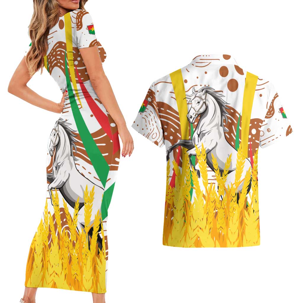 Burkina Faso Couples Matching Short Sleeve Bodycon Dress and Hawaiian Shirt with Brown White Yellow Abstract Design - Wonder Print Shop
