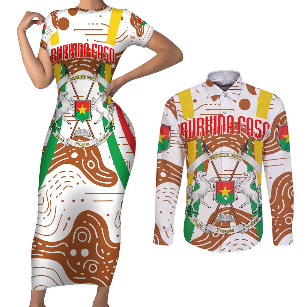 Burkina Faso Couples Matching Short Sleeve Bodycon Dress and Long Sleeve Button Shirt with Brown White Yellow Abstract Design - Wonder Print Shop