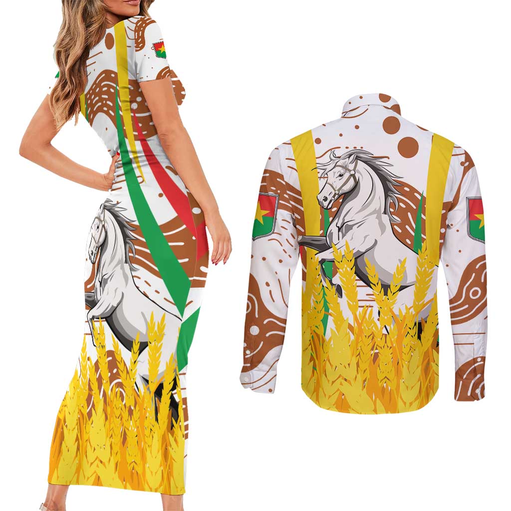 Burkina Faso Couples Matching Short Sleeve Bodycon Dress and Long Sleeve Button Shirt with Brown White Yellow Abstract Design - Wonder Print Shop
