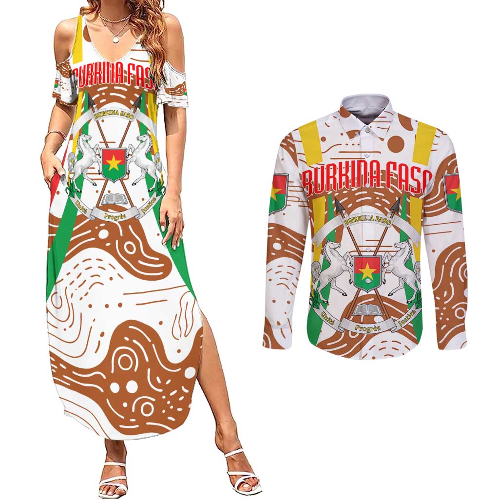 Burkina Faso Couples Matching Summer Maxi Dress and Long Sleeve Button Shirt with Brown White Yellow Abstract Design - Wonder Print Shop