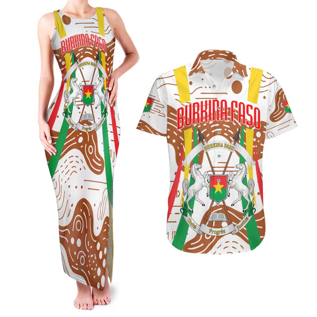 Burkina Faso Couples Matching Tank Maxi Dress and Hawaiian Shirt with Brown White Yellow Abstract Design - Wonder Print Shop